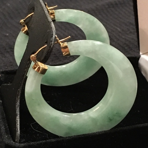 Ross Simons Jewelry - Green jade hoop earrings in 14k, 1 1/2”